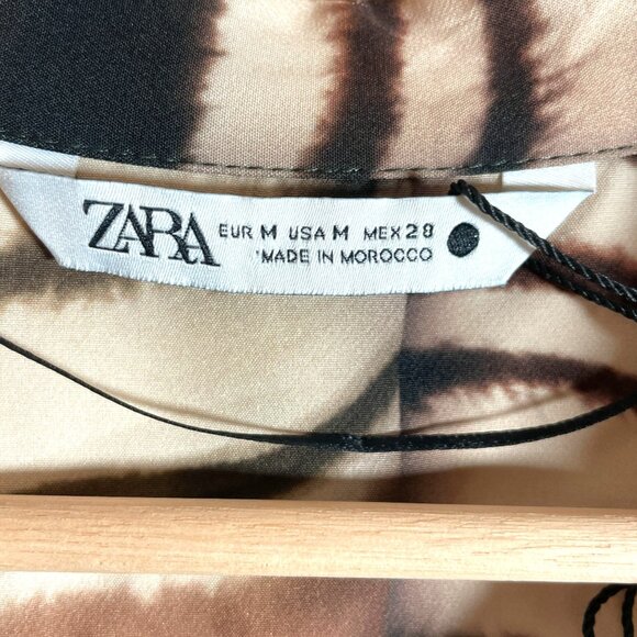 Zara Tunic Top MEDIUM Brown Black Swirled Stripes Ruched Waist - Picture 4 of 10